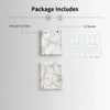 A package includes a marble design shower curtain, 12 hooks, and related accessories.