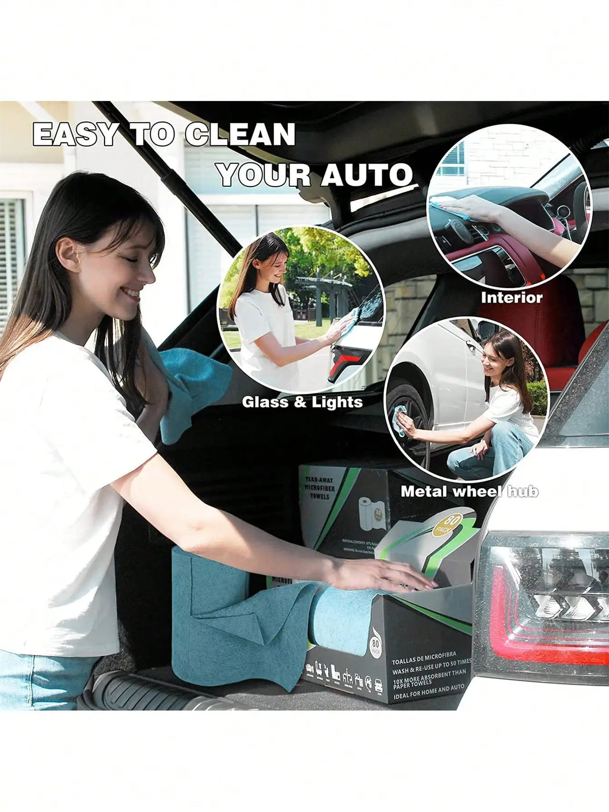 A woman is cleaning a car interior with an ultra-fine fiber tear-off towel roll, demonstrating easy cleaning of glass and lig
