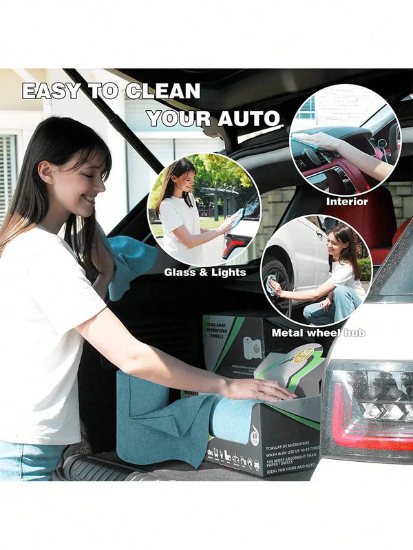 A woman is cleaning a car interior with an ultra-fine fiber tear-off towel roll, demonstrating easy cleaning of glass and lig
