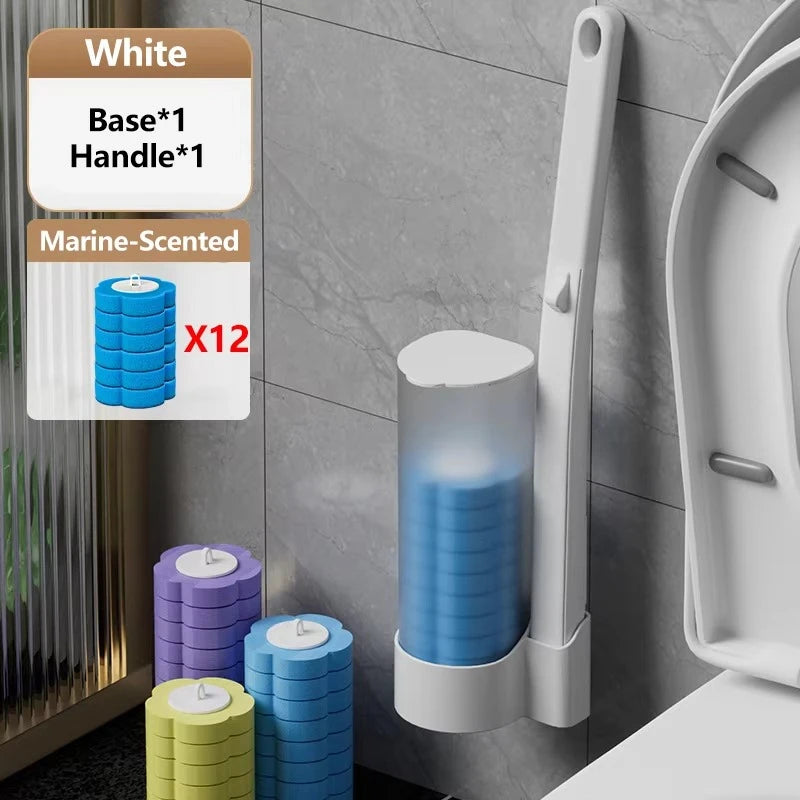 Set de brosses de toilette jetables murales avec poignées blanches et parfum marine