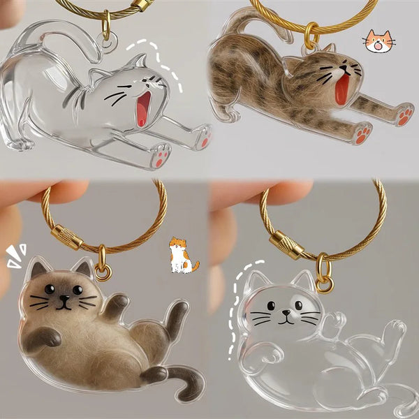 A set of cat hair memorial keychains featuring realistic cat silhouettes in clear and brown resin.