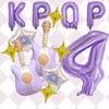 A set of purple balloons shaped like the word KPOP and a guitar, accented with golden star shapes.