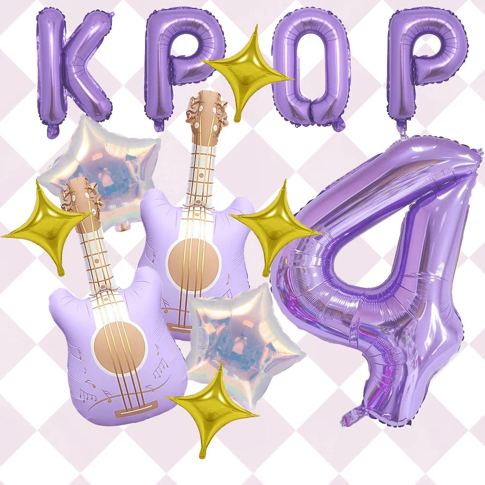 A set of purple balloons shaped like the word KPOP and a guitar, accented with golden star shapes.