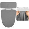 A gray velvet toilet seat protector and tank cover shown next to a close-up of the fabric.