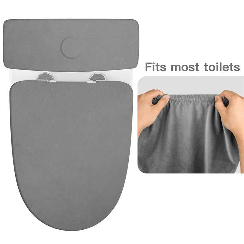 A gray velvet toilet seat protector and tank cover shown next to a close-up of the fabric.