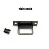 A black metal right angle picture hanger with a sawtooth edge and mounting holes.