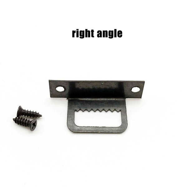 A black metal right angle picture hanger with a sawtooth edge and mounting holes.