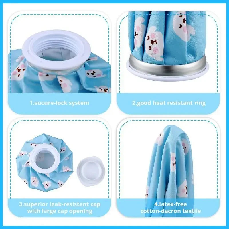 Reusable therapy pack featuring a secure-lock system, heat-resistant ring, and latex-free cotton-dacron textile.