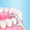 Stainless steel reusable toothpick set shown against a pink background with teeth.