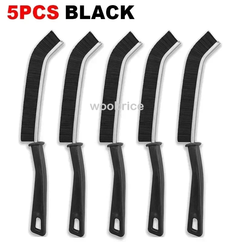Five black multifunctional hard bristle crevice cleaning brushes shown individually.