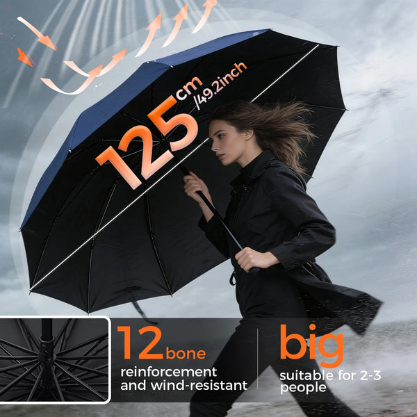 A woman holding a black 12-bone reinforced folding umbrella against a cloudy sky.