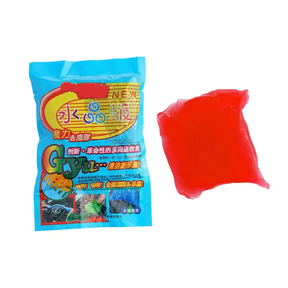 A bright red gel product in a clear container is shown next to its packaging.