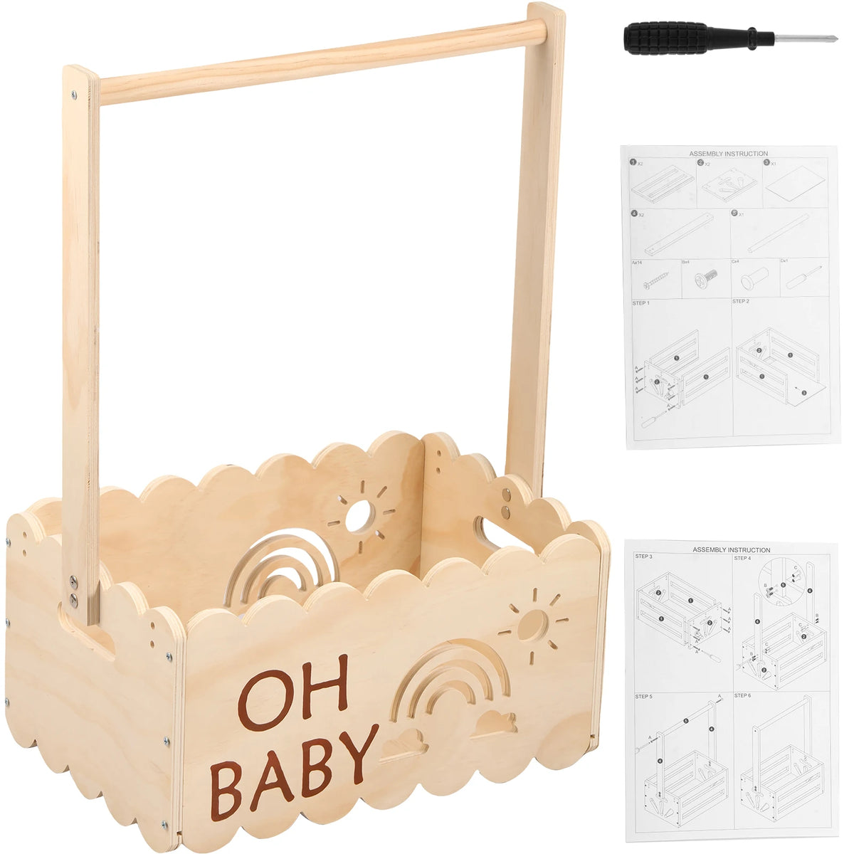 A light wood decorative storage basket with a handle and accompanying assembly instructions.