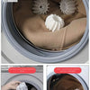 A reusable laundry ball is shown inside a washing machine drum, demonstrating its use for preventing clothing entanglement.