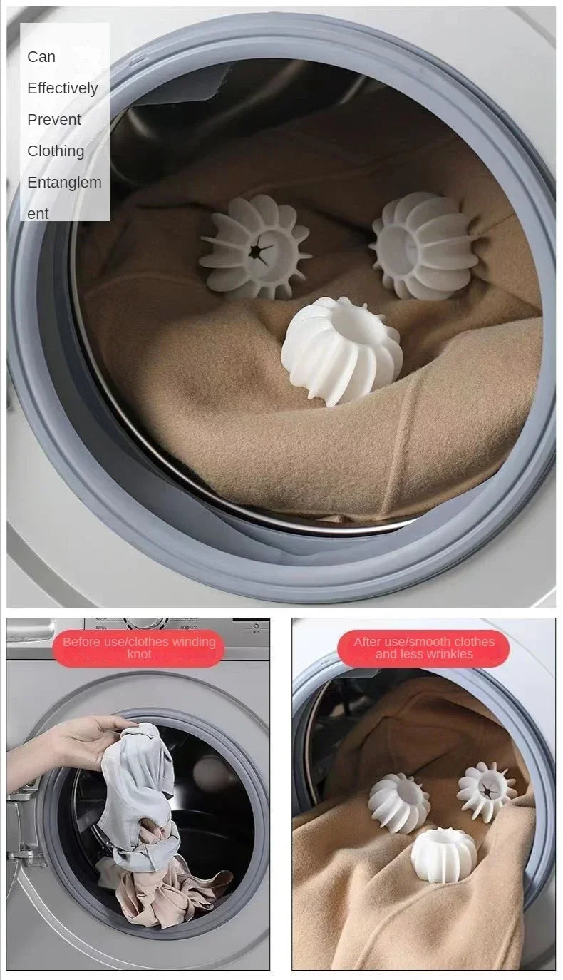 A reusable laundry ball is shown inside a washing machine drum, demonstrating its use for preventing clothing entanglement.