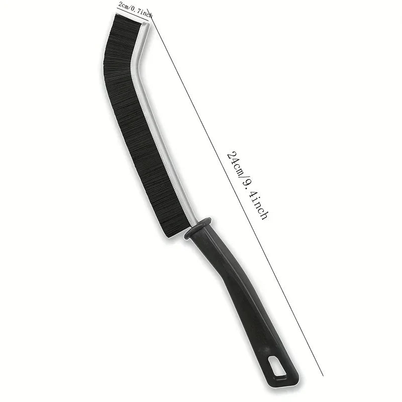 A black durable hard-bristle crevice cleaning brush shown with dimensions.