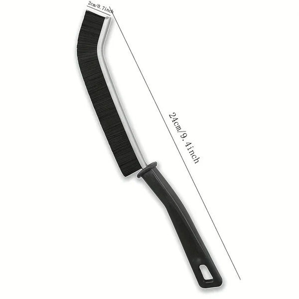 A black durable hard-bristle crevice cleaning brush shown with dimensions.