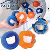 Reusable lint and hair remover balls in blue and orange colors shown being held and displayed