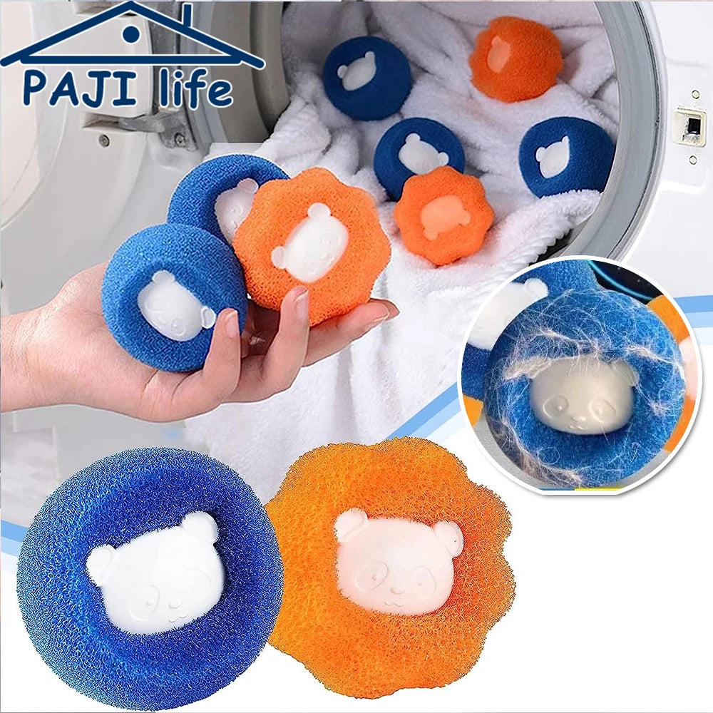 Reusable lint and hair remover balls in blue and orange colors shown being held and displayed