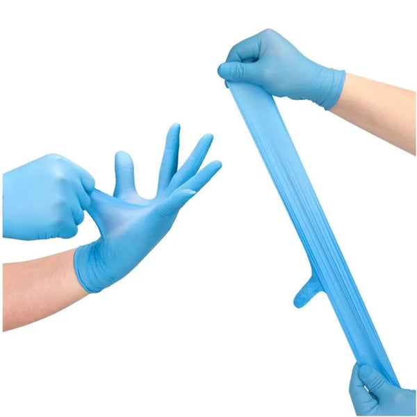 A hand wearing blue nitrile disposable gloves is holding a long, light blue plastic strip.
