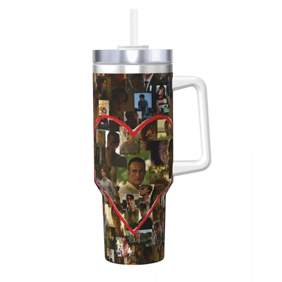 A stainless steel travel tumbler mug decorated with a collage of faces inside a heart shape.