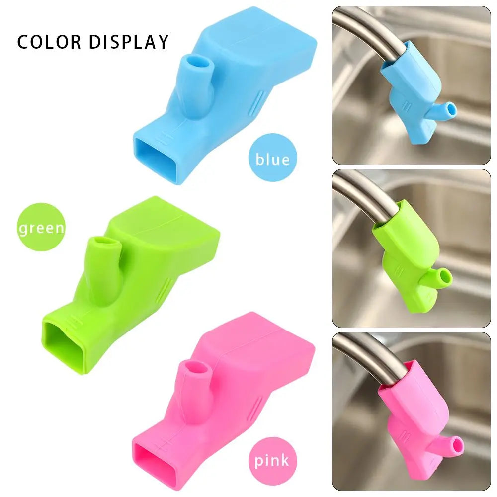 Flexible silicone faucet extender in blue, green, and pink colors shown in close-up views.