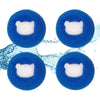 Two blue reusable pet hair and lint remover balls with white foam inserts