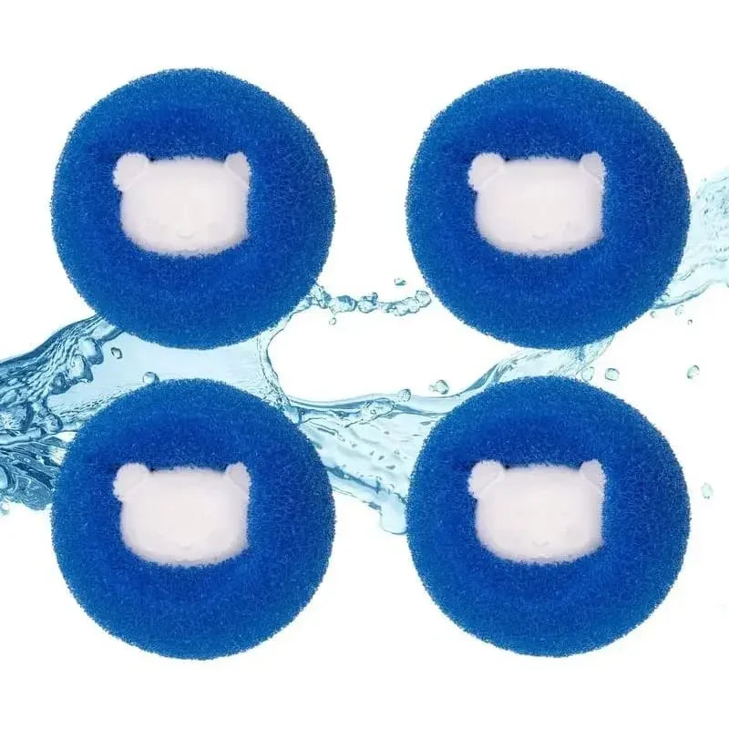 Two blue reusable pet hair and lint remover balls with white foam inserts