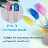 A collection of colorful reusable toothbrush heads in various shades including pink, blue, and yellow, suitable for manual an