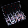 A transparent nail art organizer storage box with compartments filled with colorful glitter and nail embellishments.
