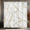 White marble pattern with gold veining shower curtain hanging on a rod