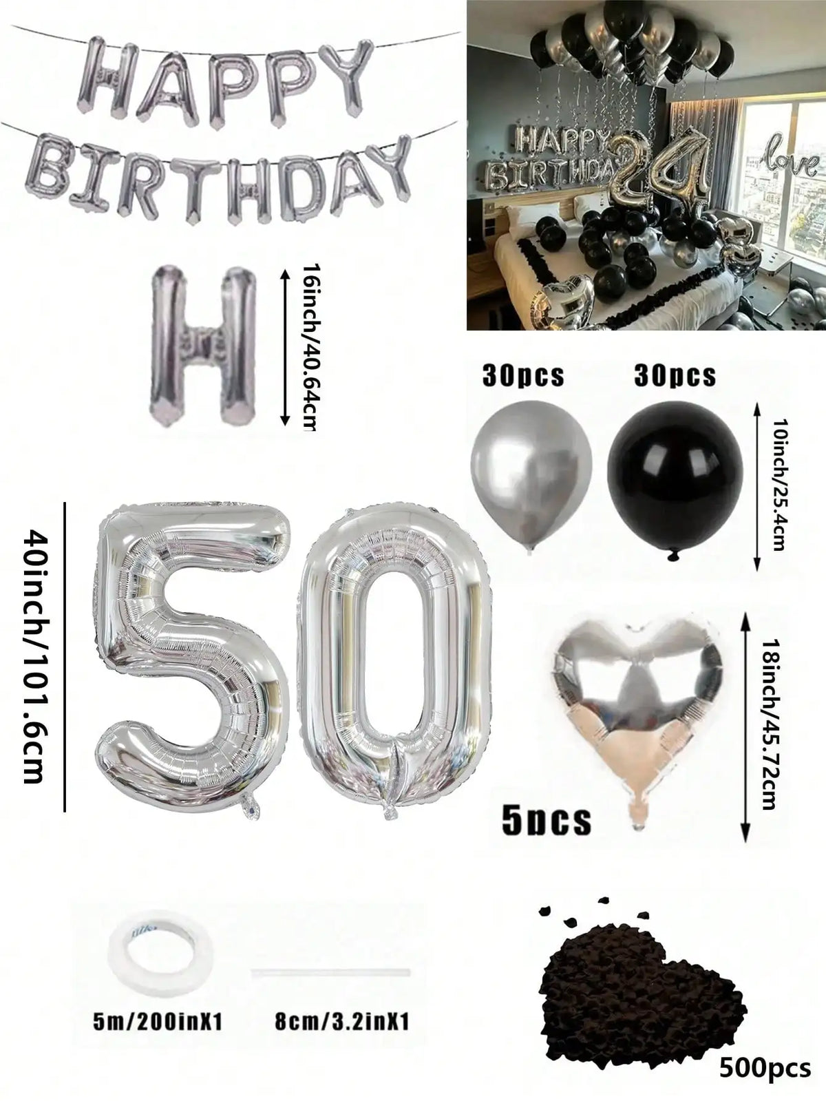 Un juego de globos de foil plateados con números, letras y corazones para decoración de cumpleaños.
