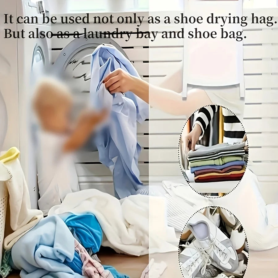 A person is shown using a mesh bag for laundry and shoes, demonstrating its versatility.