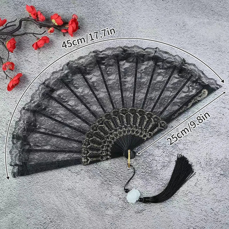 Black lace fabric folding hand fan with red flowers and measurement lines