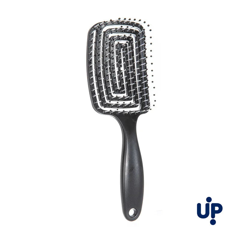 A black volumizing detangling hair massage comb with fine teeth.
