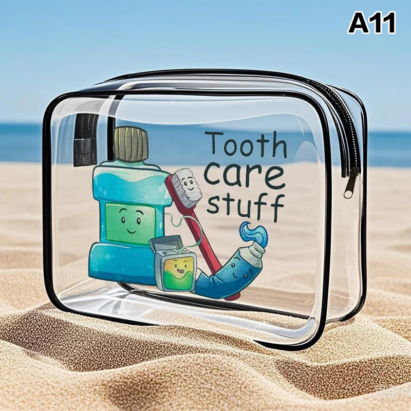 A clear plastic storage pouch with a zipper featuring cute tooth care characters on a sandy background.