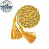 Yellow and white graduation honor cord with long tassels coiled into a spiral