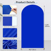 A royal blue stretchy spandex fabric arch backdrop with a white accent, showing details like good lock-stitching and wrinkle 