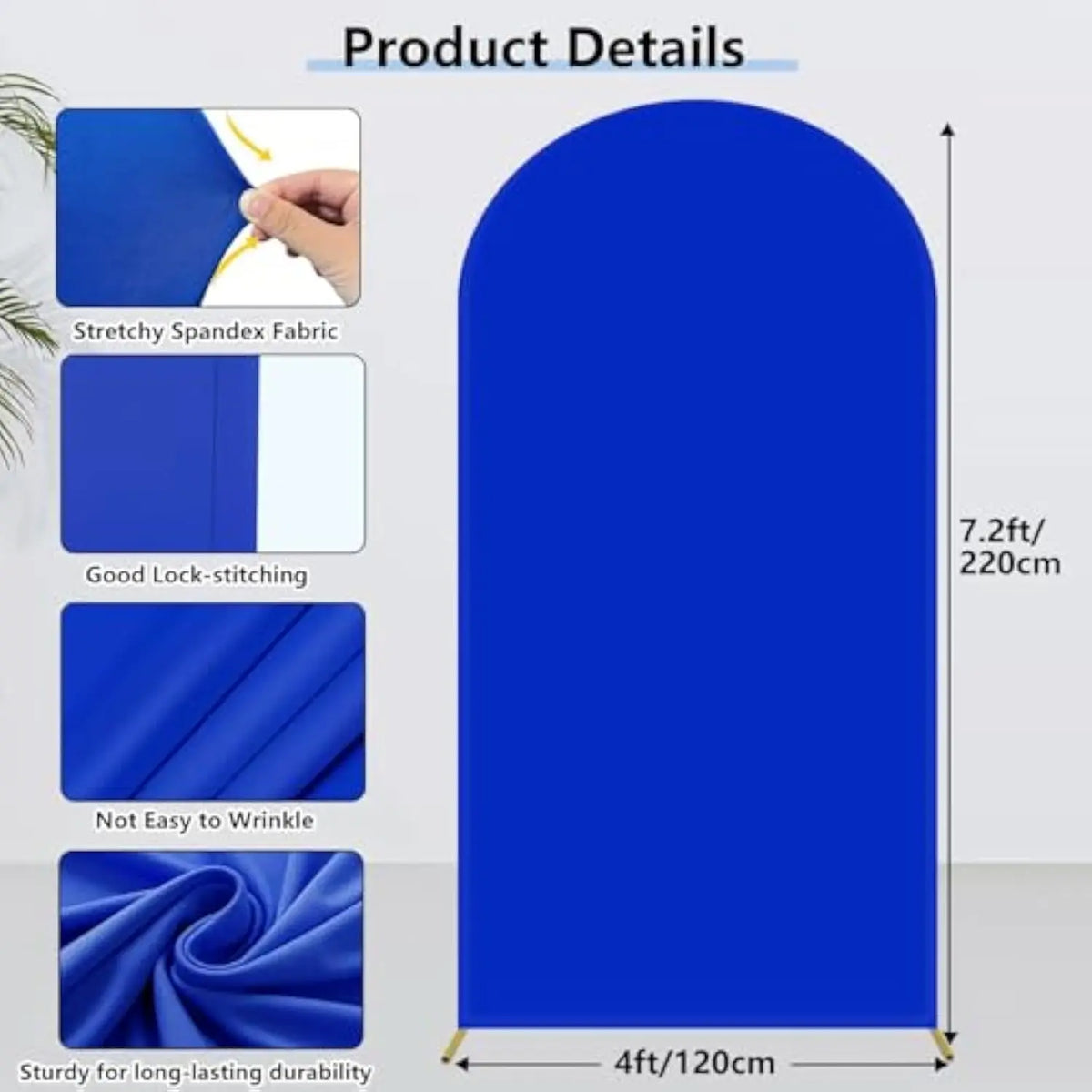 A royal blue stretchy spandex fabric arch backdrop with a white accent, showing details like good lock-stitching and wrinkle 