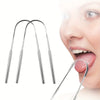 A set of stainless steel tongue scrapers shown next to a person's mouth.