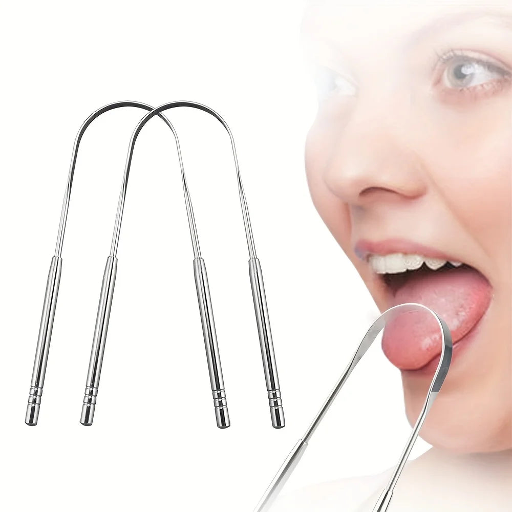 A set of stainless steel tongue scrapers shown next to a person's mouth.