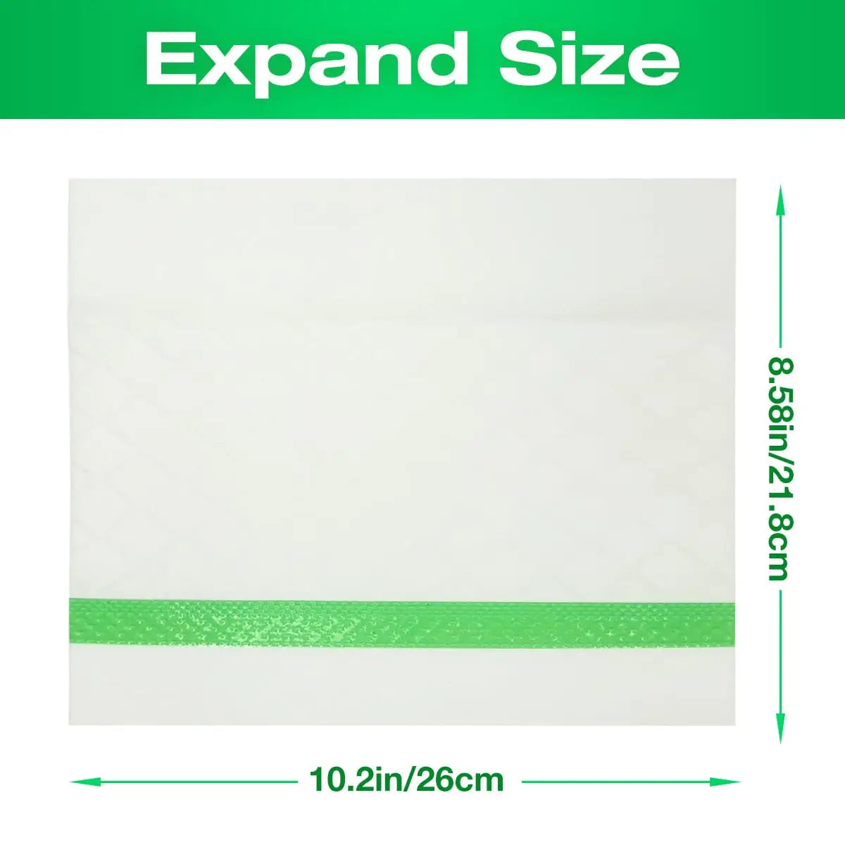 A rectangular white mopping pad with a green accent strip, labeled for expanding size.