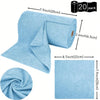 A roll of light blue ultra-fine fiber tear-off towel with dimensions and a folded cloth shown next to a circular rolled examp