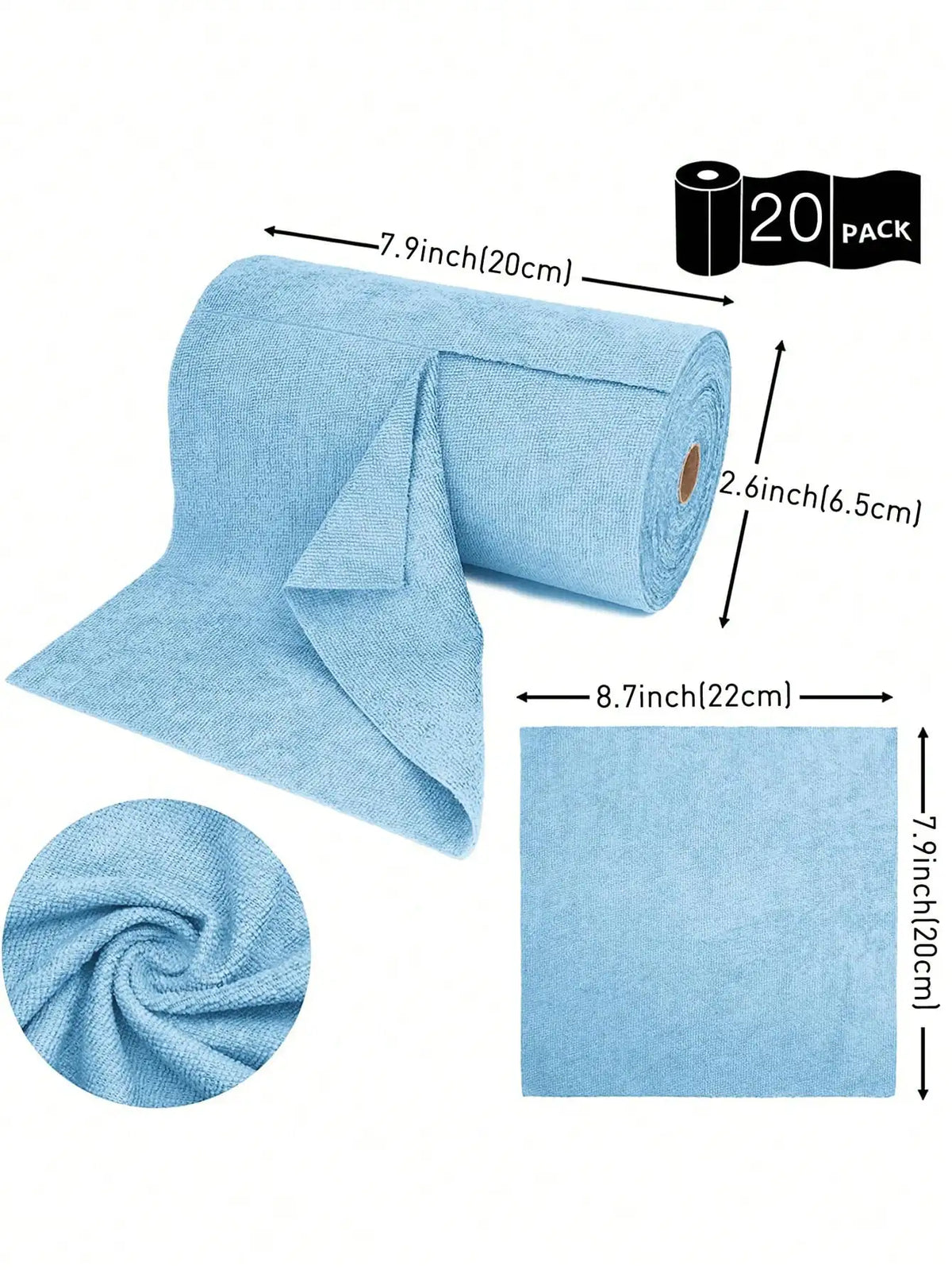 A roll of light blue ultra-fine fiber tear-off towel with dimensions and a folded cloth shown next to a circular rolled examp