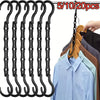 A multi-pack of black plastic clothes hangers and a wooden hanger are shown for closet organization.