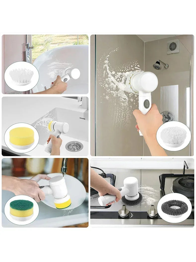A set of 5 electric spin scrubbers with replaceable brush heads being used on a bathroom sink and glass shower door.