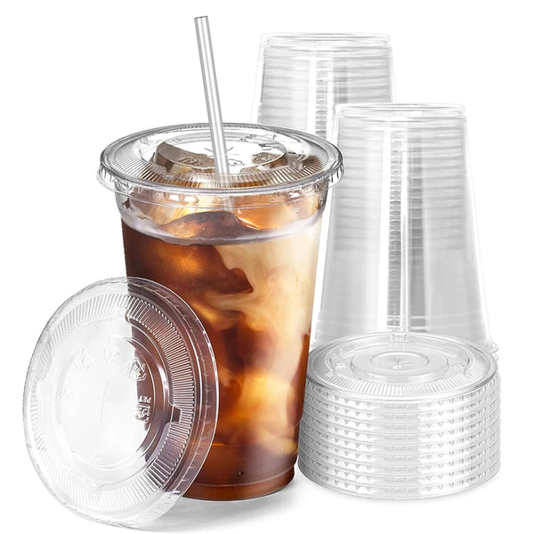 Clear reusable plastic cups with lids and a straw stacked together