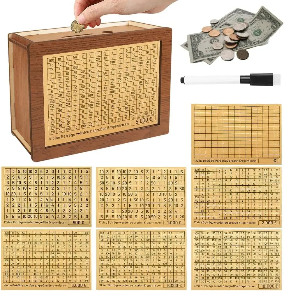 A wooden piggy bank with various denominations of paper currency inside, showing different saving goals.