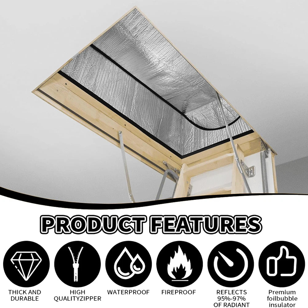 A triangular silver foil barrier installed under an attic roof structure, featuring thick and durable qualities.