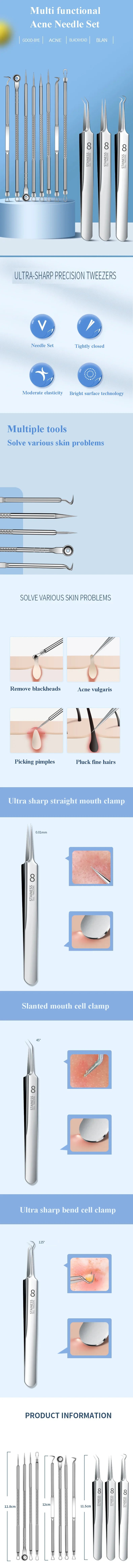 Stainless steel acne and blackhead remover kit with various precision tools for skin care